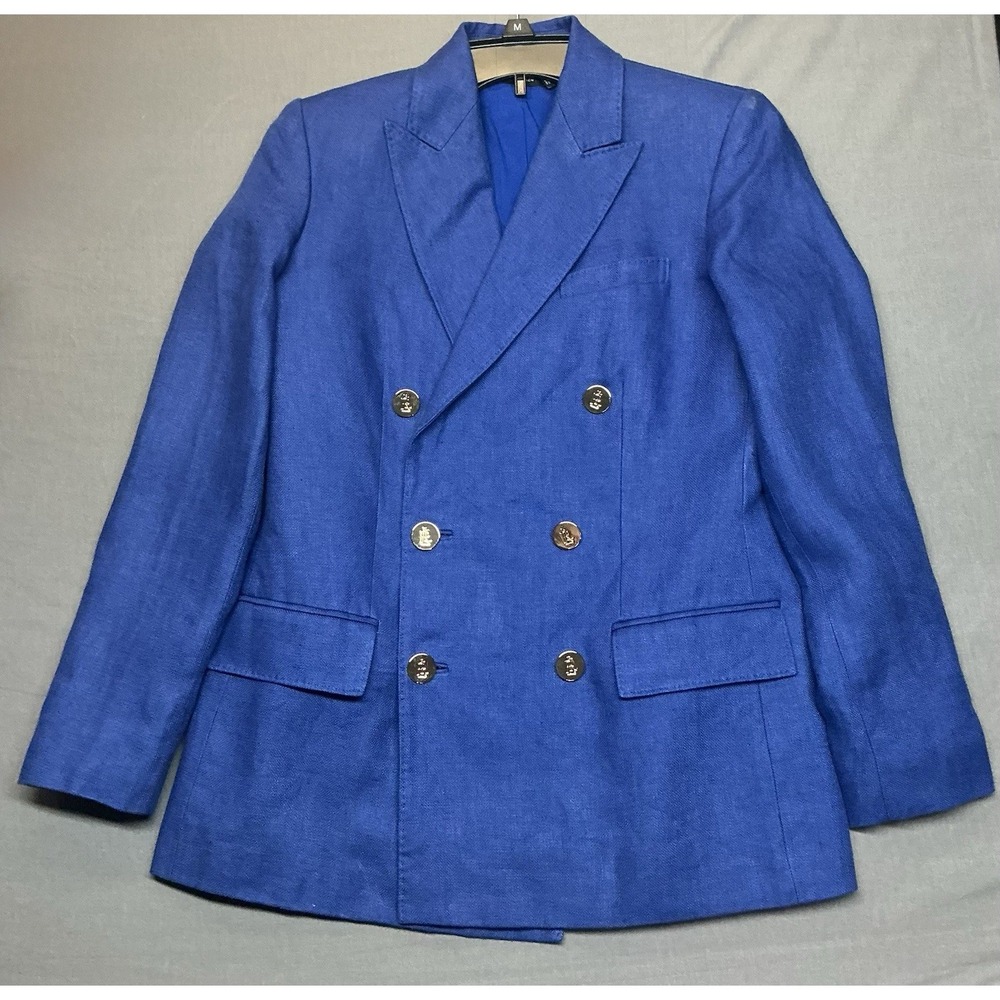 Ralph Lauren Black Label Double Breasted Linen Blue Blazer Gold Buttons Sz 2